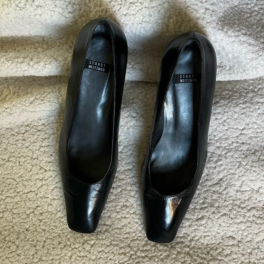 Stuart Weitzman Navy Heels with Bronze Block Accent - Picture 15 of 15